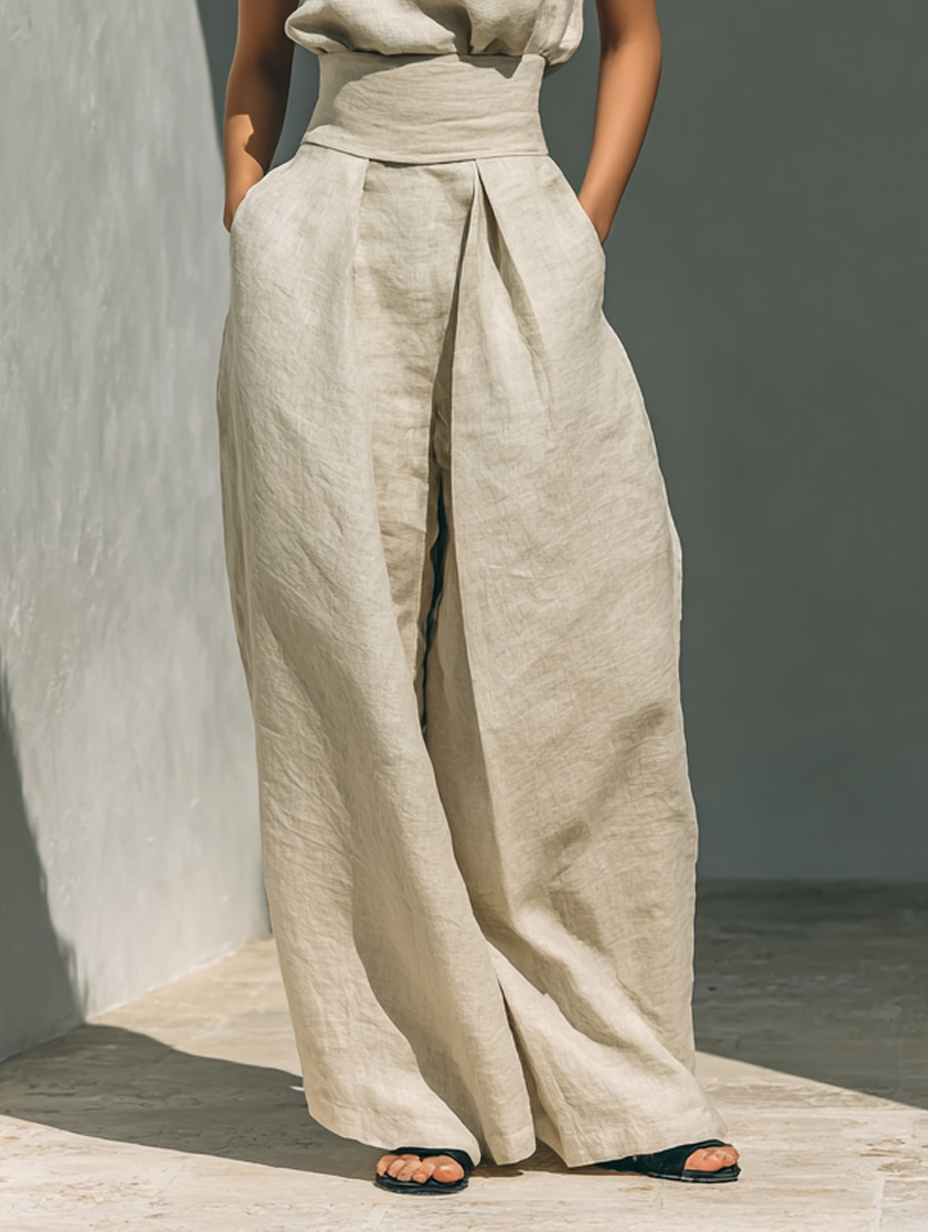 Aurora • Set composto da top senza maniche beige in misto cotone-lino finto e pantaloni a gamba larga