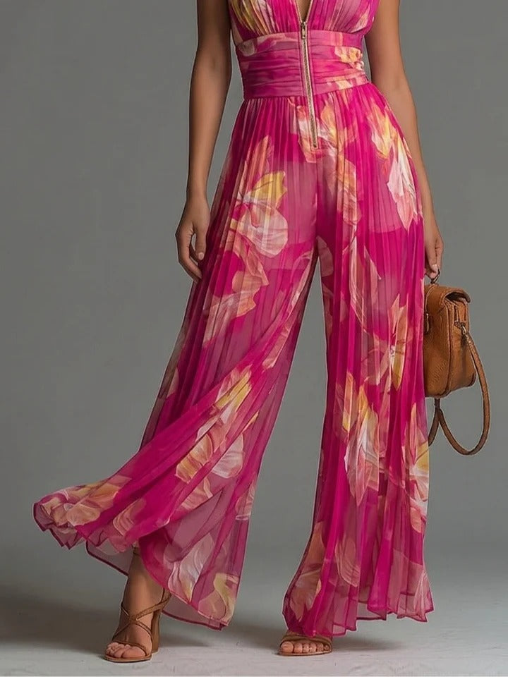 Tuta Serafina | Chiffon plissettato fucsia con stampa floreale