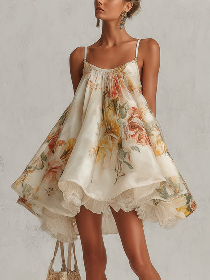 Blanche | Abito Mini A Campana in Organza Fiori Beige con Bordo in Pizzo