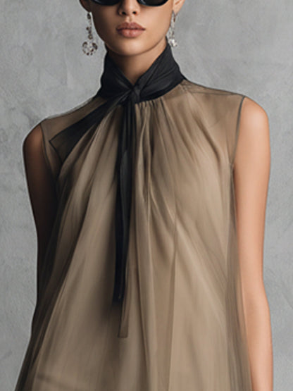 Federica | Abito drappeggiato in chiffon caqui con lazo al collo