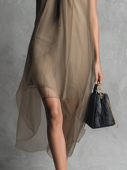 Federica | Abito drappeggiato in chiffon caqui con lazo al collo