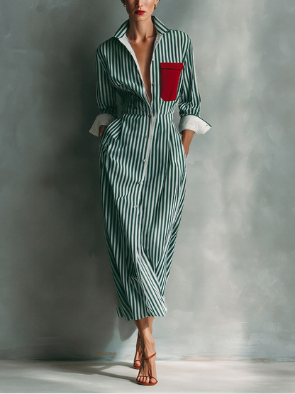 Celeste | Vestito camicia a righe con taschino rosso sul petto