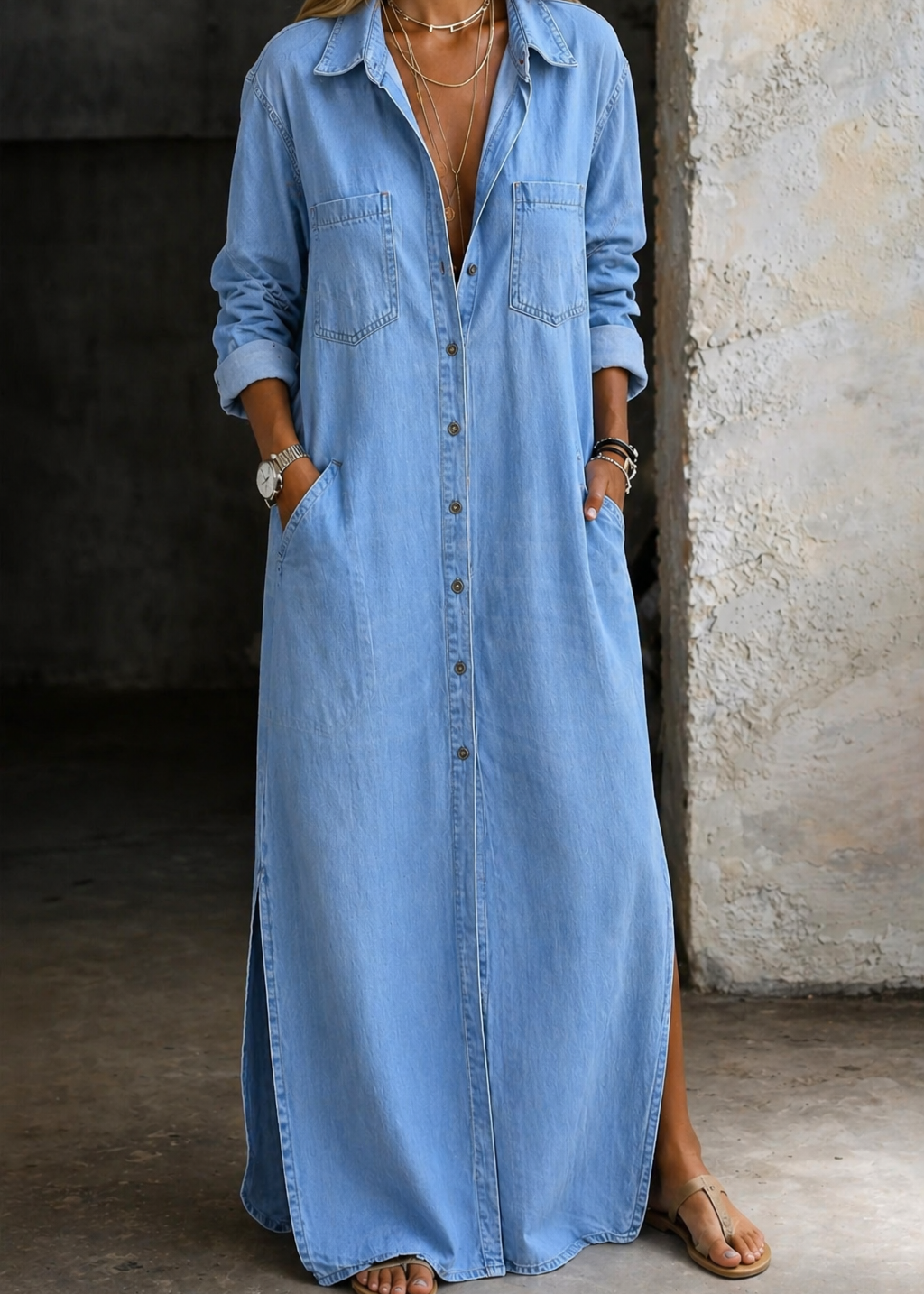 Maura - Abito chemisier in denim con bottoni frontali