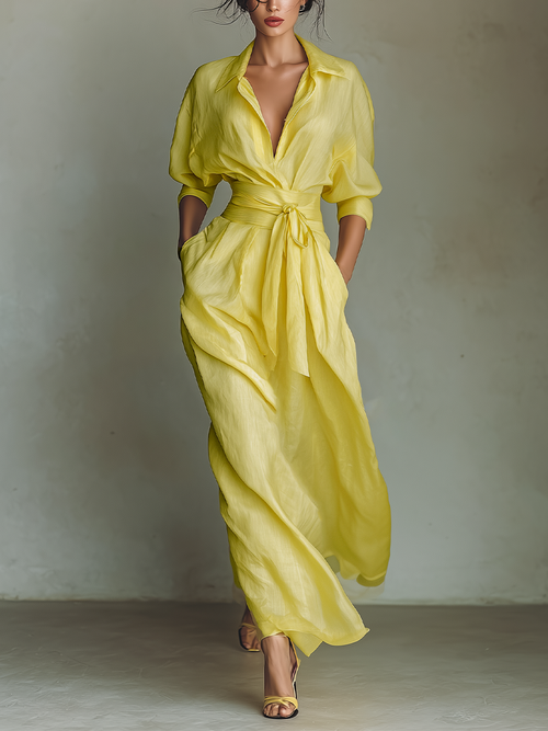 Vittoria | Abito chemisier maxi giallo limone con cintura