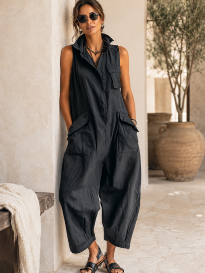 Ilaria - Tuta cargo senza maniche in cotone con silhouette rilassata