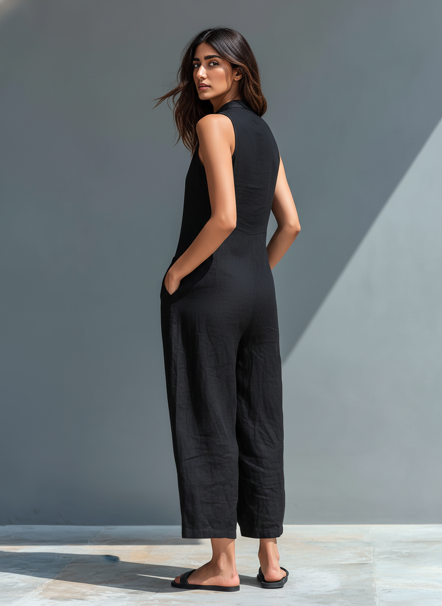 Claudia - Tuta minimalista in lino per donna, senza maniche, collo alto e bottoni