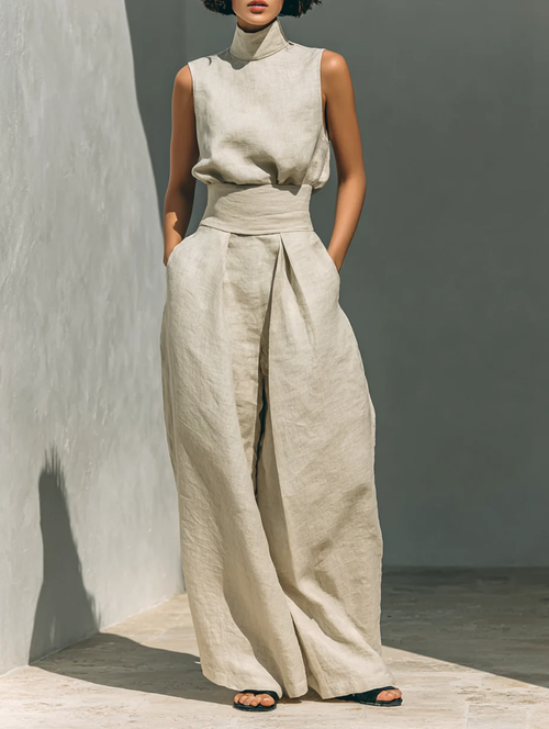 Aurora • Set composto da top senza maniche beige in misto cotone-lino finto e pantaloni a gamba larga
