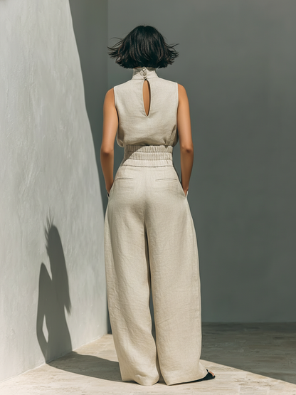 Aurora • Set composto da top senza maniche beige in misto cotone-lino finto e pantaloni a gamba larga