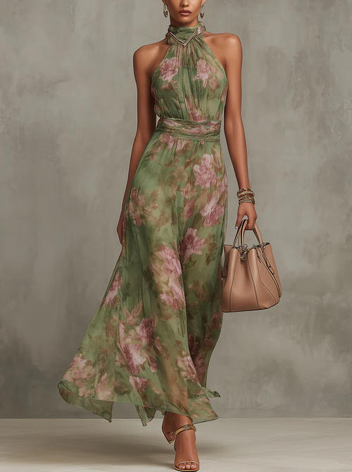 Serena ∙ Abito lungo verde floreale in chiffon con scollo a halter