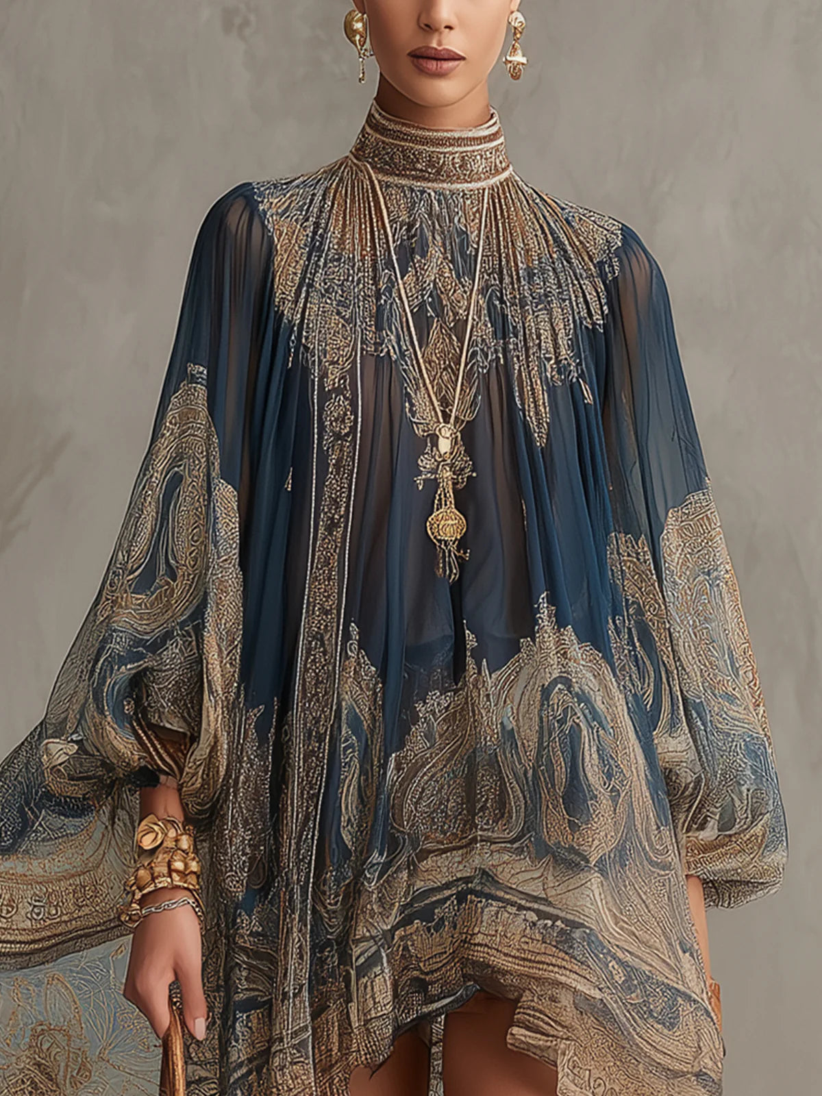 Marianna - Mini abito in chiffon blu navy con stampa barocca dorata