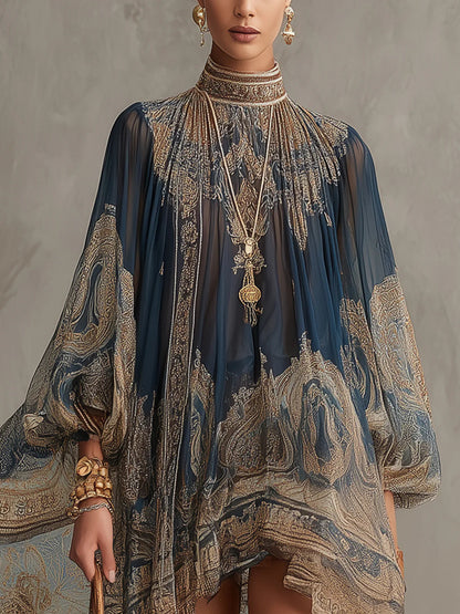 Marianna - Mini abito in chiffon blu navy con stampa barocca dorata