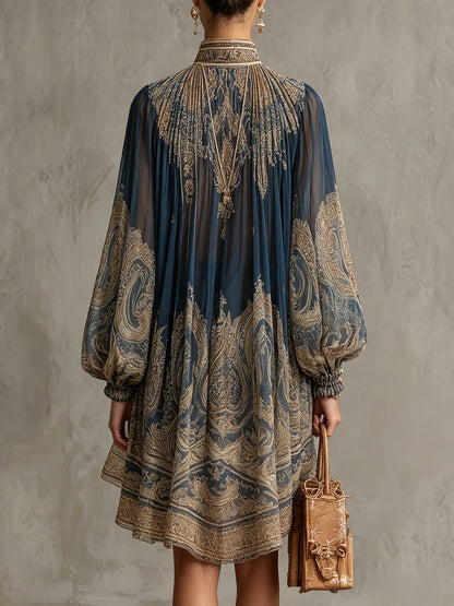 Marianna - Mini abito in chiffon blu navy con stampa barocca dorata