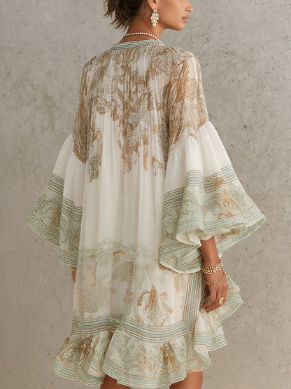 Ermellina | Mini abito in chiffon avorio con stampa barocca e volant a cascata