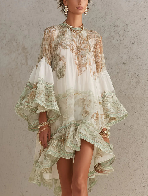 Rosalie | Abito Mini in Mousseline con Maniche Volantate e Orlo a Righe Verde