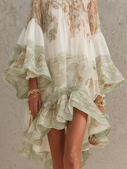 Ermellina | Mini abito in chiffon avorio con stampa barocca e volant a cascata