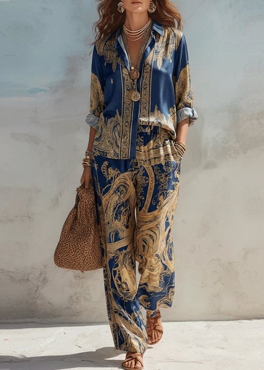 Caterina - Completo a due pezzi in raso blu navy