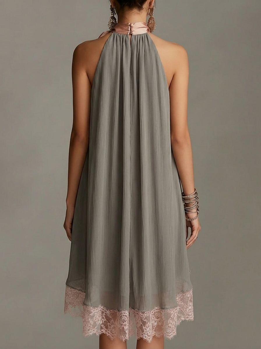 Beatrice - Mini abito grigio in satin con fiocco rosa e pizzo