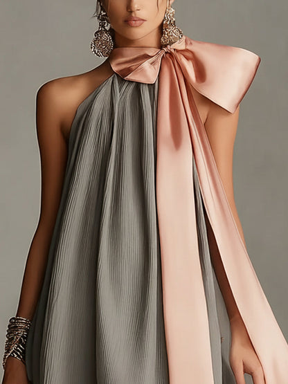 Beatrice - Mini abito grigio in satin con fiocco rosa e pizzo