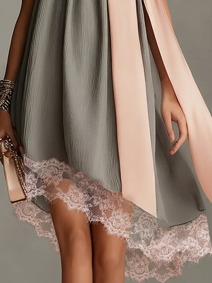 Beatrice - Mini abito grigio in satin con fiocco rosa e pizzo
