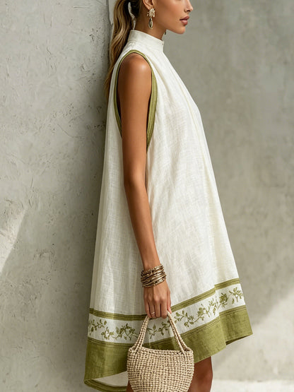 Agathe | Abito Mini A-Line Senza Maniche Bianco e Verde Oliva con Fiori
