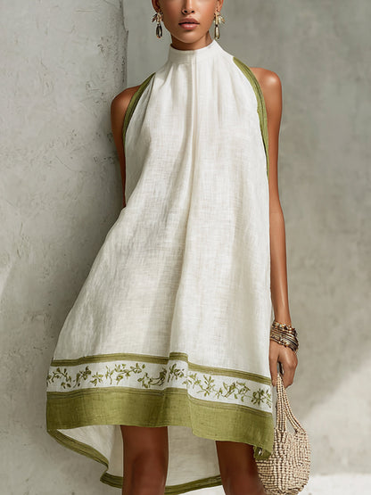 Agathe | Abito Mini A-Line Senza Maniche Bianco e Verde Oliva con Fiori