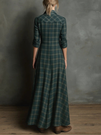 Livia - Vestito lungo con colletto camicia e motivo a quadri verdi