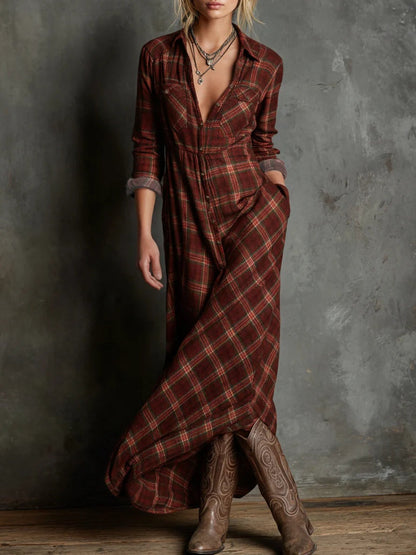 Livia - Vestito lungo con colletto camicia e motivo a quadri verdi