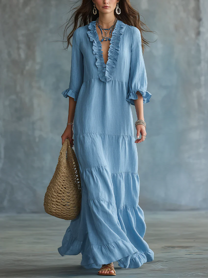 ANITA MAXI ABITO AZZURRO CIELO BOHO CON SCOLLO A V E VOLANT