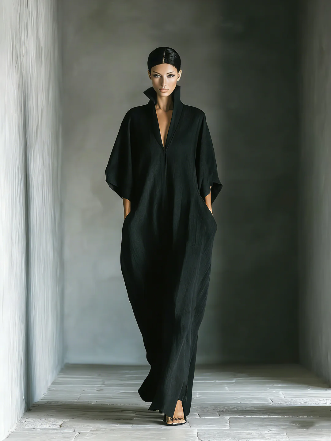 Costanza | Maxi abito nero con maniche a kimono e scollo a V