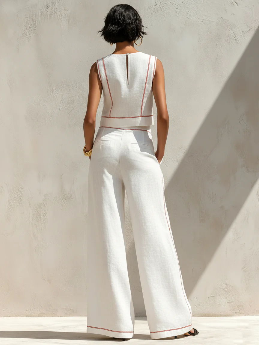 Completo pantalone in misto lino con cuciture a contrasto