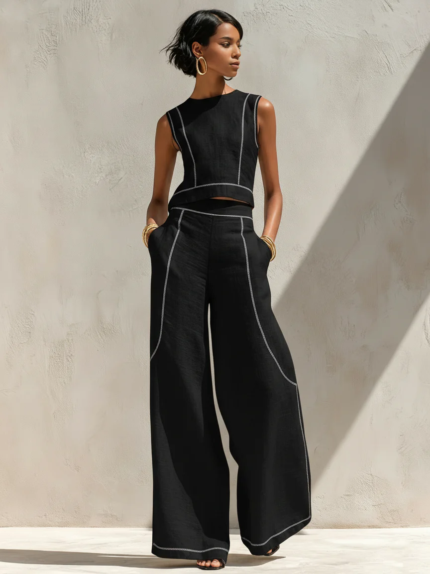 Completo pantalone in misto lino con cuciture a contrasto