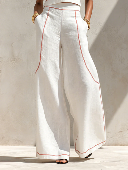 Completo pantalone in misto lino con cuciture a contrasto