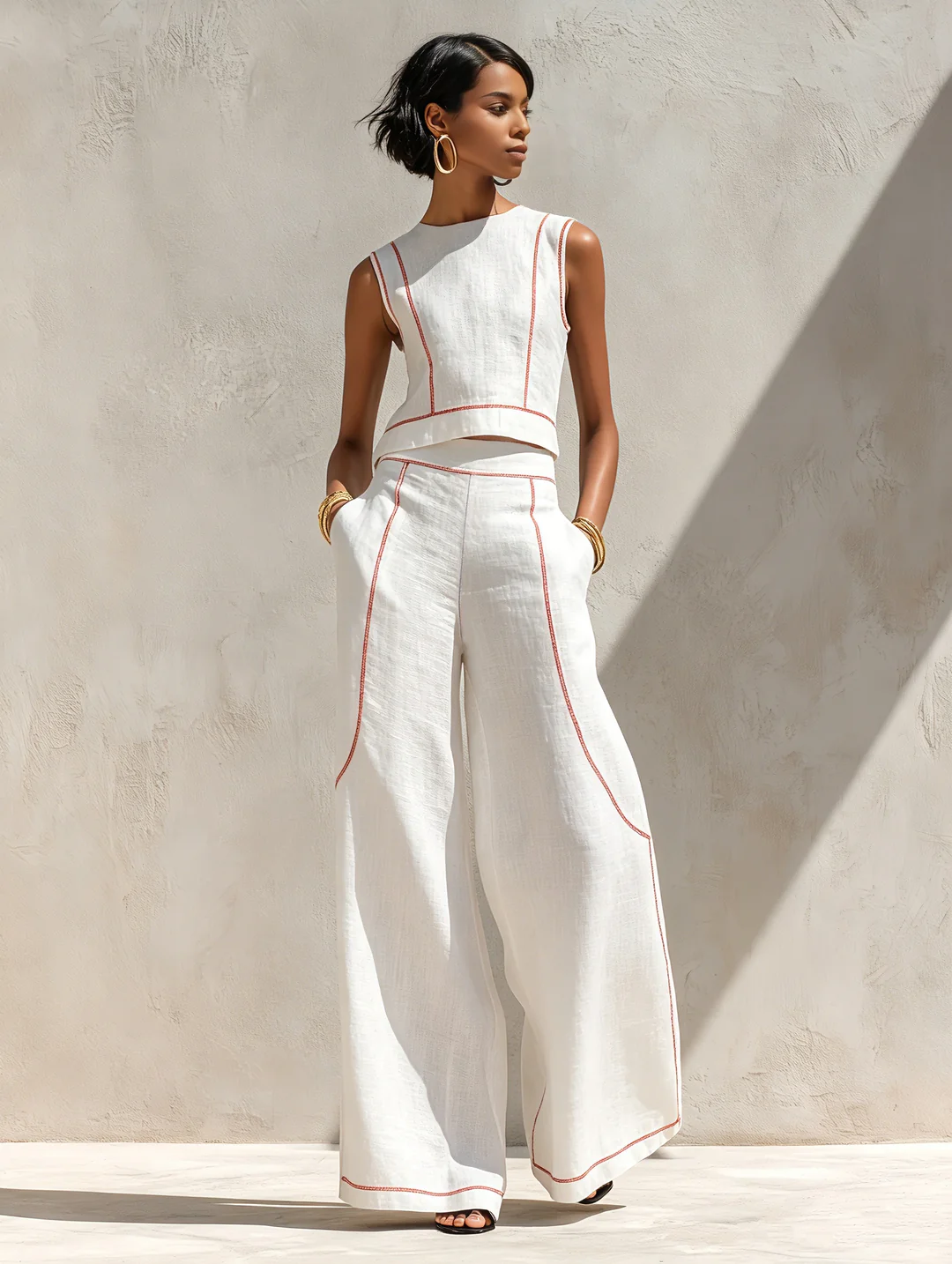 Completo pantalone in misto lino con cuciture a contrasto
