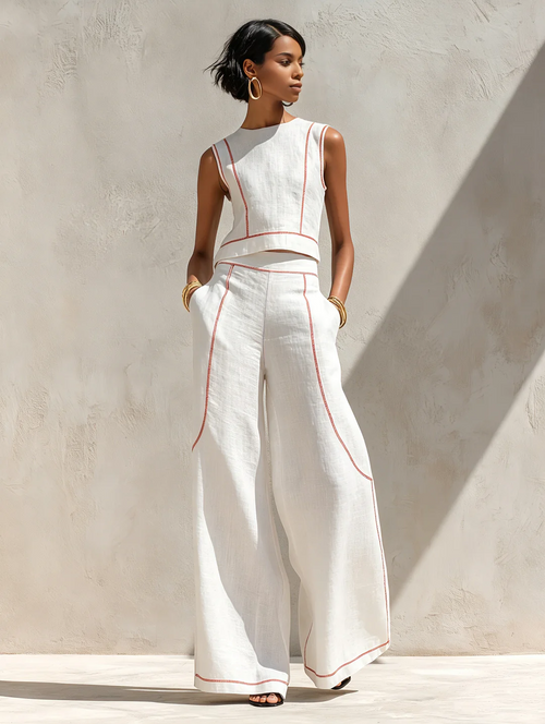 Completo pantalone in misto lino con cuciture a contrasto