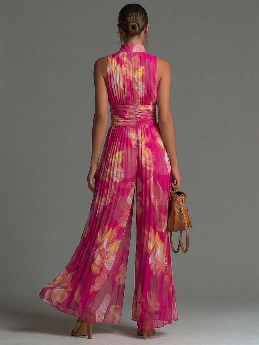Tuta Serafina | Chiffon plissettato fucsia con stampa floreale