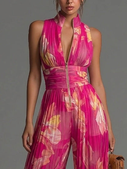 Tuta Serafina | Chiffon plissettato fucsia con stampa floreale
