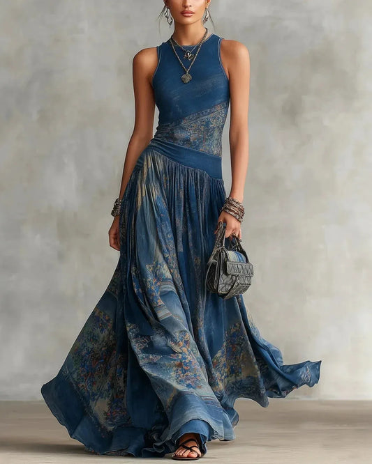 SILVIA - ABITO LUNGO BOHO CON STAMPA AZTECA E GONNA SVASATA